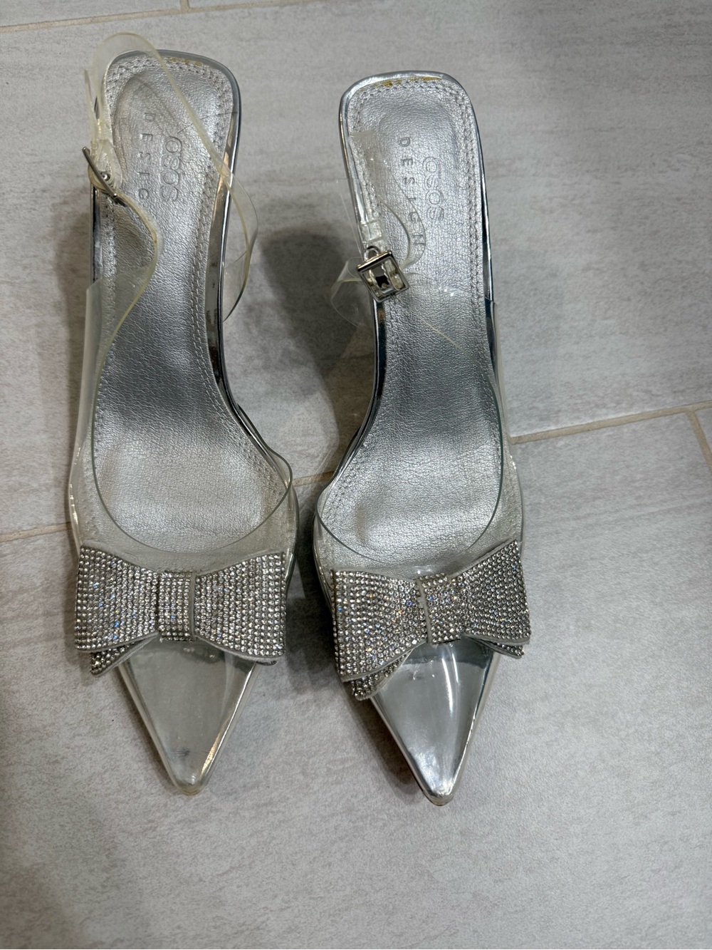 ASOS Silver Rhinestone Bow Pointed Slingback Heels
